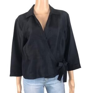 CLIO Silk Wrap Tie Blouse Women L Black Classic Business Retro Whimsygoth Y2K